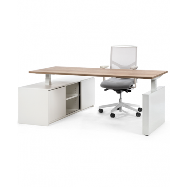 Elektrischer Schreibtisch FLEX mit Anbauschrank und Wangenpfote (weiß)